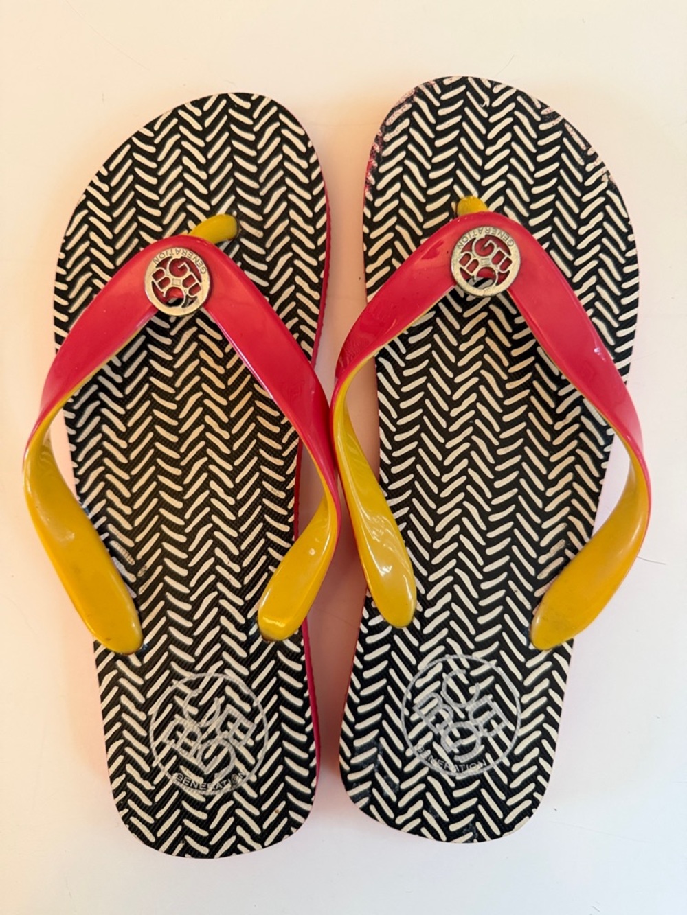 BCBGeneration Black & Pink Flip Flops with Yellow Straps Size 4